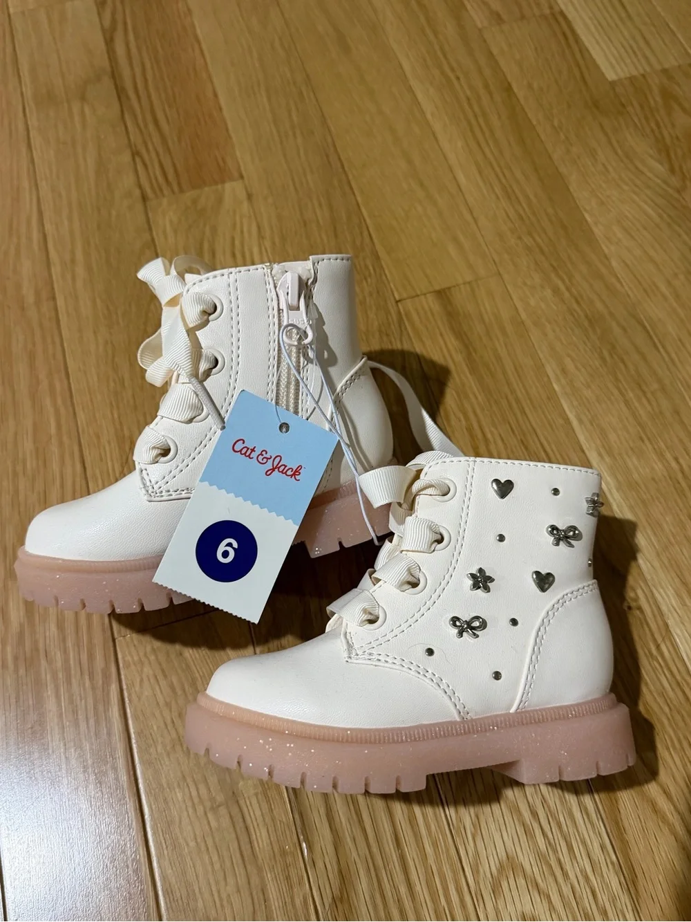 Cat & Jack Cream Girls' Lace-Up Boots with Pink Glitter Sole